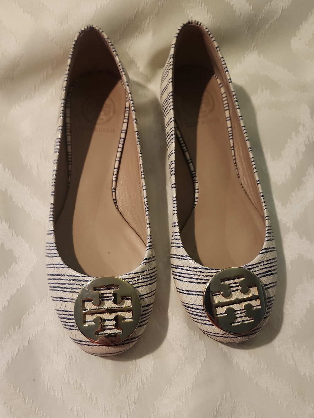 Tory Burch White and Navy Striped Reva Flats with Gold Logo
